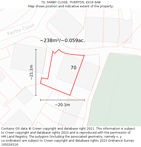 70, FAIRBY CLOSE, TIVERTON, EX16 6AB: Plot and title map