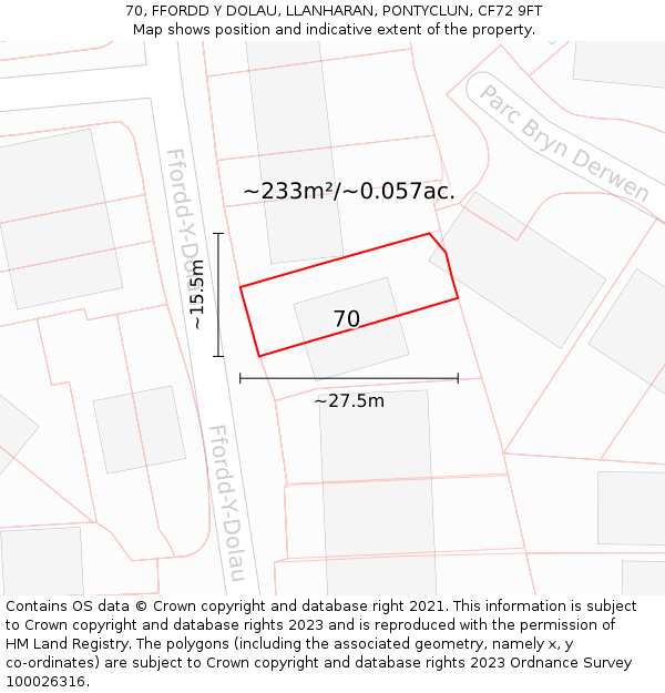 70, FFORDD Y DOLAU, LLANHARAN, PONTYCLUN, CF72 9FT: Plot and title map