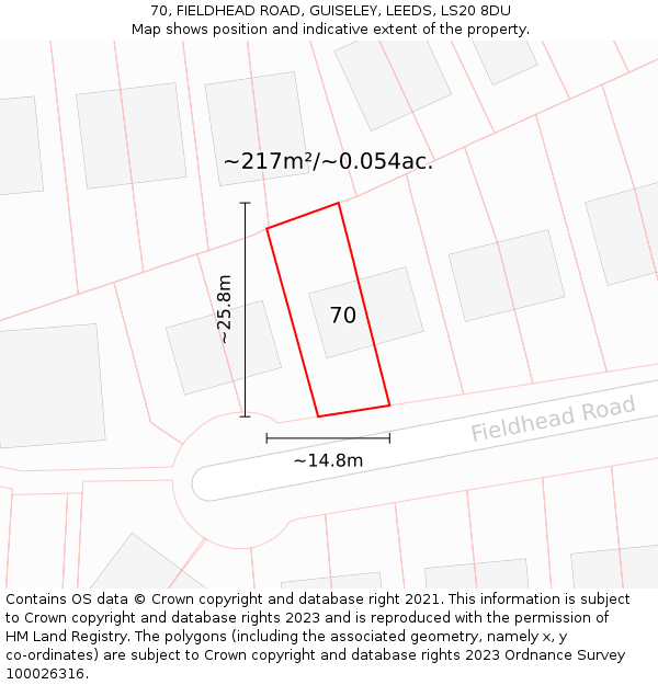 70, FIELDHEAD ROAD, GUISELEY, LEEDS, LS20 8DU: Plot and title map