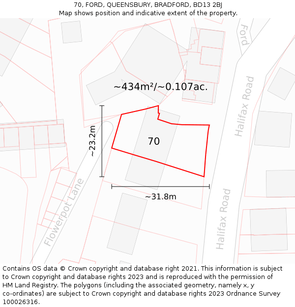 70, FORD, QUEENSBURY, BRADFORD, BD13 2BJ: Plot and title map