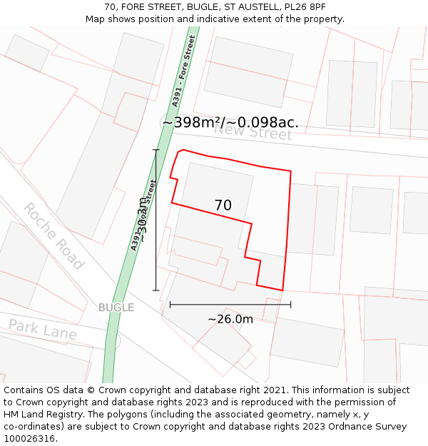 70, FORE STREET, BUGLE, ST AUSTELL, PL26 8PF: Plot and title map