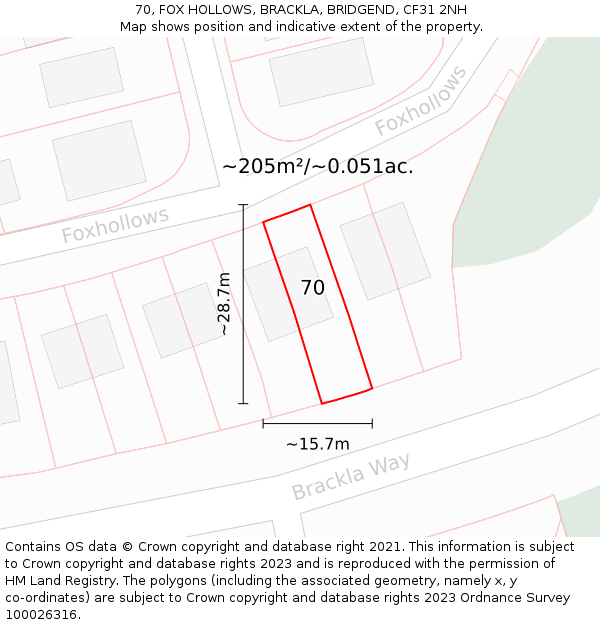 70, FOX HOLLOWS, BRACKLA, BRIDGEND, CF31 2NH: Plot and title map
