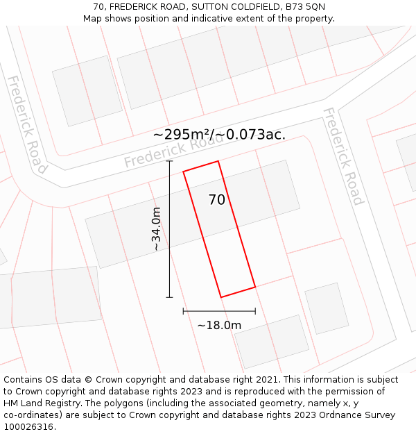 70, FREDERICK ROAD, SUTTON COLDFIELD, B73 5QN: Plot and title map