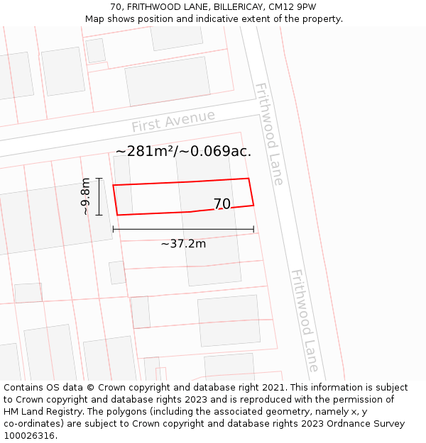 70, FRITHWOOD LANE, BILLERICAY, CM12 9PW: Plot and title map