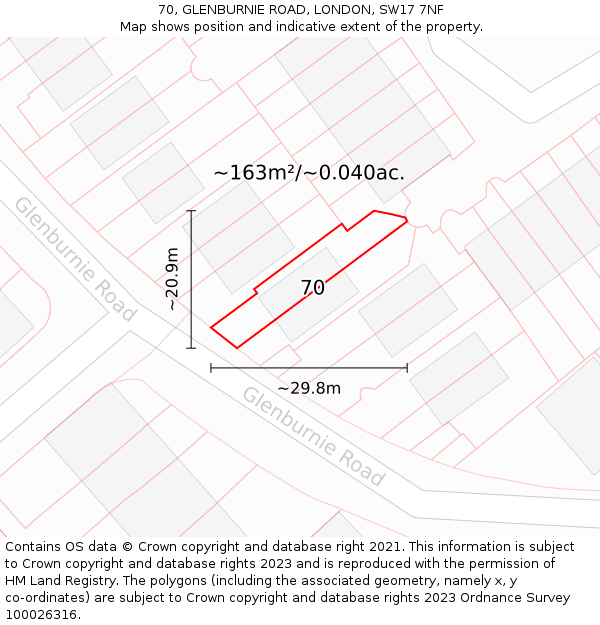70, GLENBURNIE ROAD, LONDON, SW17 7NF: Plot and title map