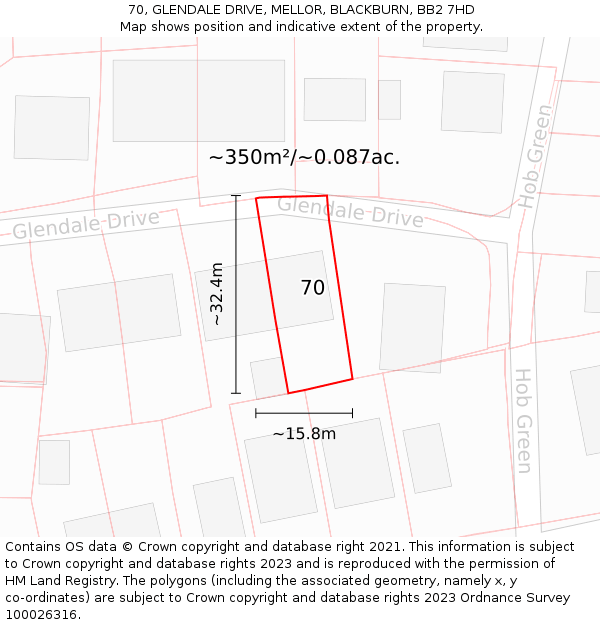 70, GLENDALE DRIVE, MELLOR, BLACKBURN, BB2 7HD: Plot and title map
