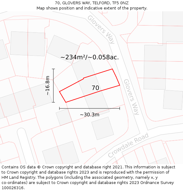 70, GLOVERS WAY, TELFORD, TF5 0NZ: Plot and title map