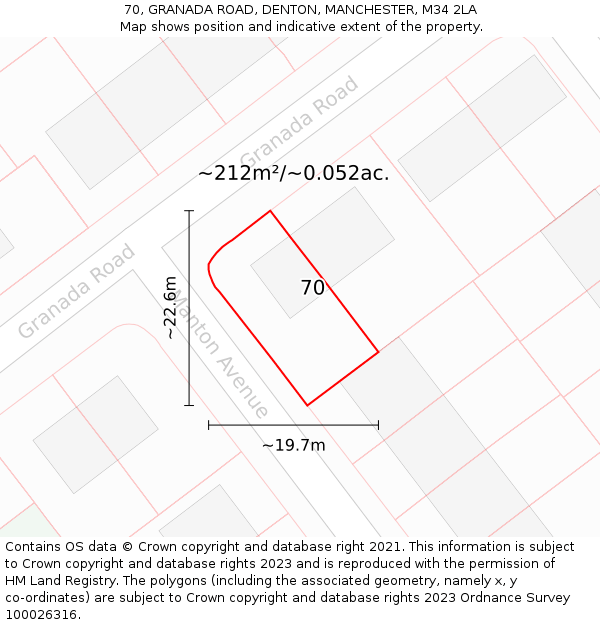 70, GRANADA ROAD, DENTON, MANCHESTER, M34 2LA: Plot and title map