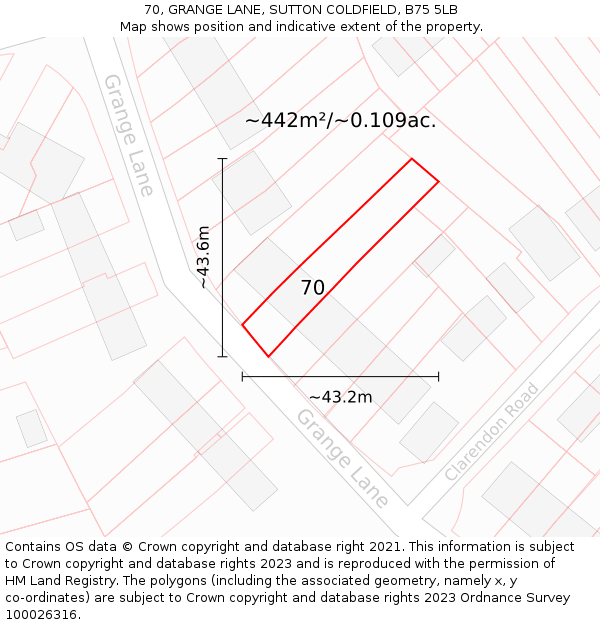 70, GRANGE LANE, SUTTON COLDFIELD, B75 5LB: Plot and title map
