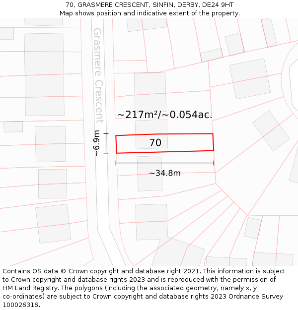 70, GRASMERE CRESCENT, SINFIN, DERBY, DE24 9HT: Plot and title map