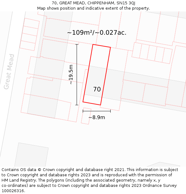 70, GREAT MEAD, CHIPPENHAM, SN15 3QJ: Plot and title map