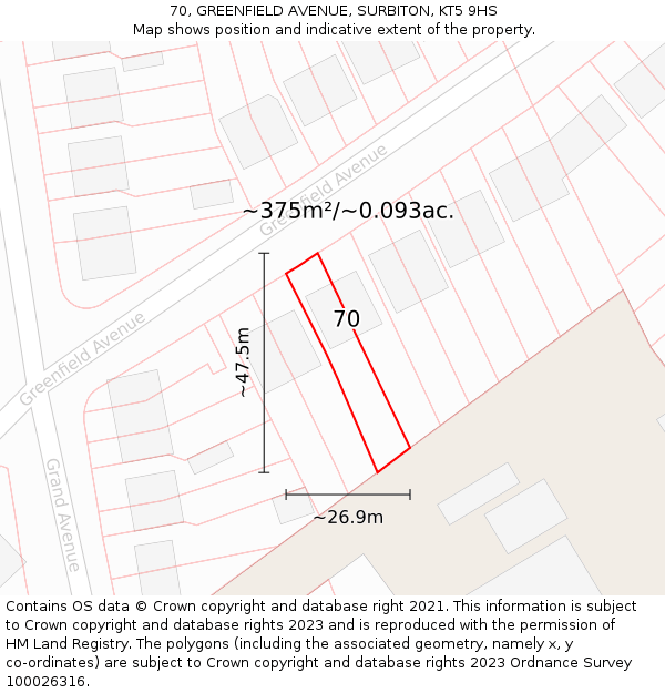 70, GREENFIELD AVENUE, SURBITON, KT5 9HS: Plot and title map