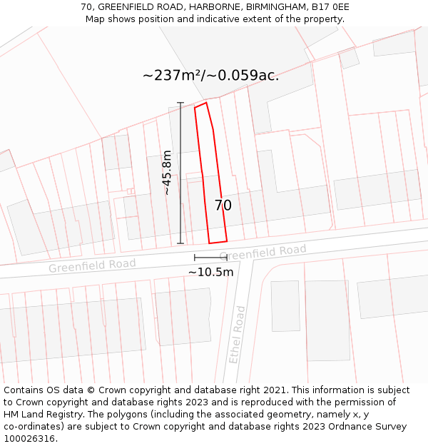 70, GREENFIELD ROAD, HARBORNE, BIRMINGHAM, B17 0EE: Plot and title map