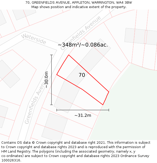 70, GREENFIELDS AVENUE, APPLETON, WARRINGTON, WA4 3BW: Plot and title map