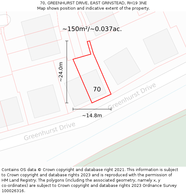 70, GREENHURST DRIVE, EAST GRINSTEAD, RH19 3NE: Plot and title map