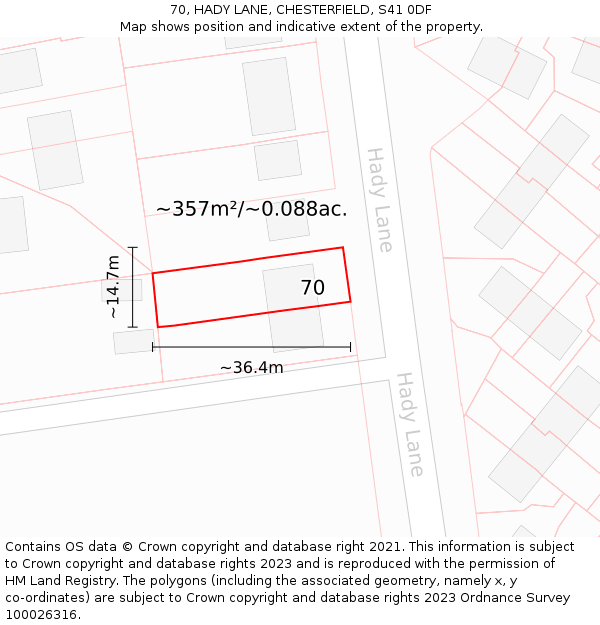 70, HADY LANE, CHESTERFIELD, S41 0DF: Plot and title map