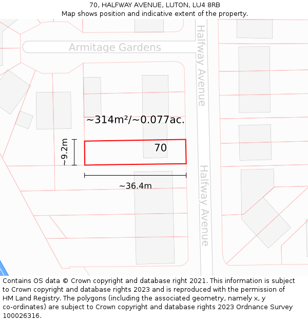 70, HALFWAY AVENUE, LUTON, LU4 8RB: Plot and title map