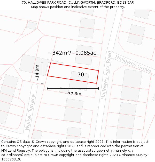 70, HALLOWES PARK ROAD, CULLINGWORTH, BRADFORD, BD13 5AR: Plot and title map