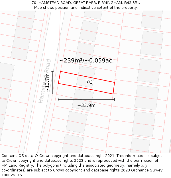 70, HAMSTEAD ROAD, GREAT BARR, BIRMINGHAM, B43 5BU: Plot and title map