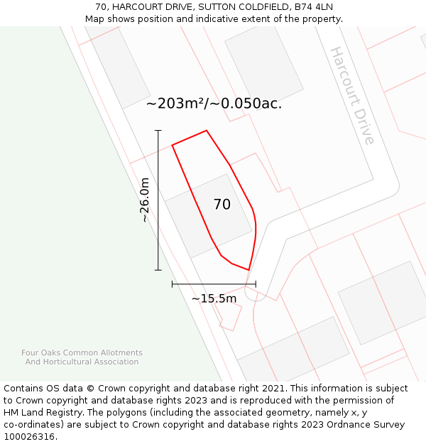 70, HARCOURT DRIVE, SUTTON COLDFIELD, B74 4LN: Plot and title map
