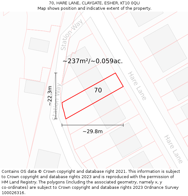 70, HARE LANE, CLAYGATE, ESHER, KT10 0QU: Plot and title map