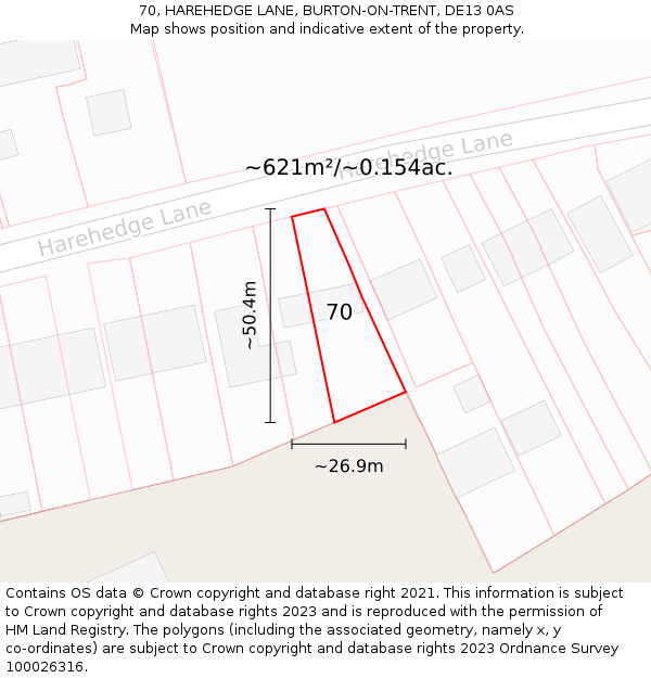 70, HAREHEDGE LANE, BURTON-ON-TRENT, DE13 0AS: Plot and title map