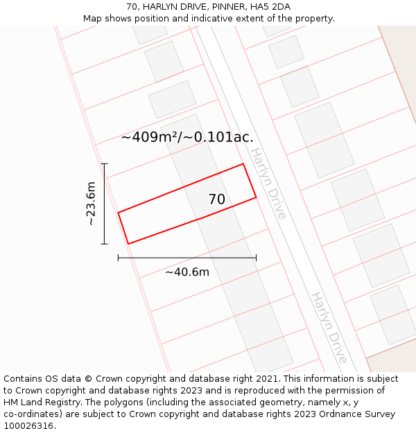 70, HARLYN DRIVE, PINNER, HA5 2DA: Plot and title map