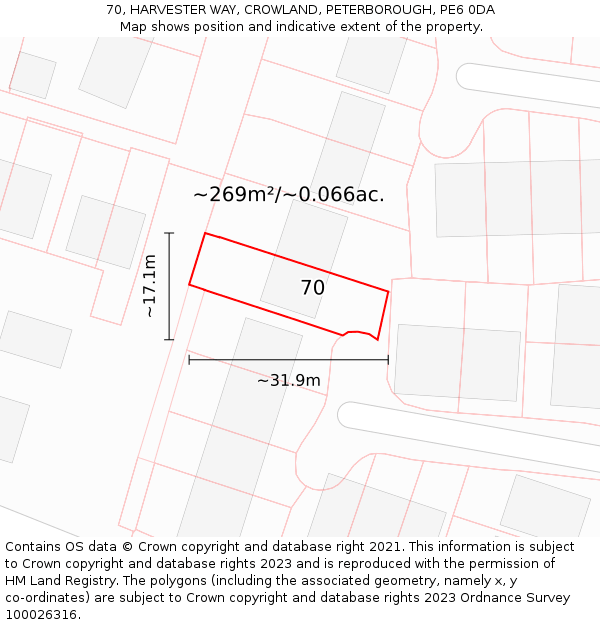70, HARVESTER WAY, CROWLAND, PETERBOROUGH, PE6 0DA: Plot and title map