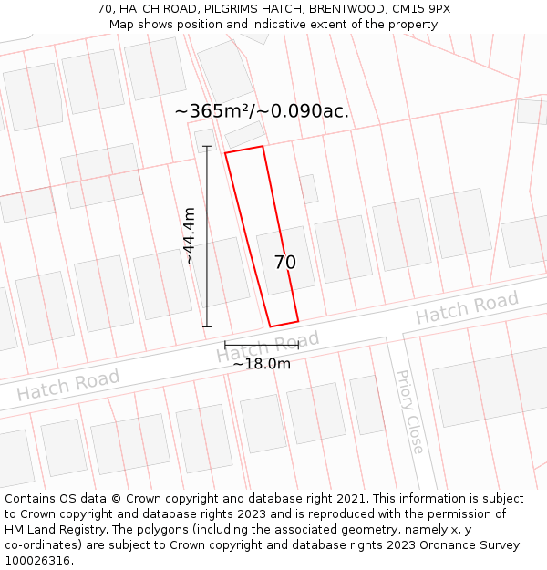 70, HATCH ROAD, PILGRIMS HATCH, BRENTWOOD, CM15 9PX: Plot and title map