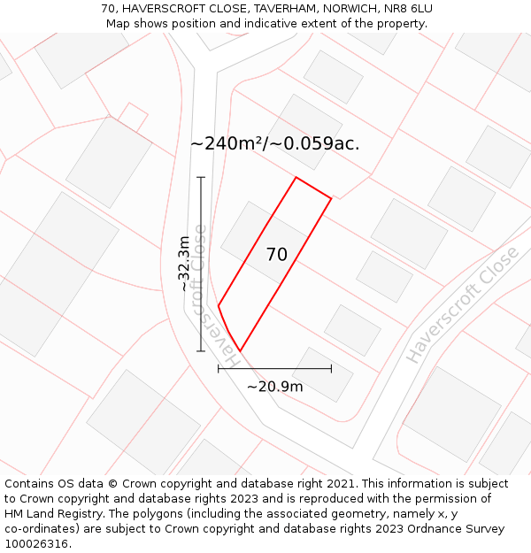 70, HAVERSCROFT CLOSE, TAVERHAM, NORWICH, NR8 6LU: Plot and title map