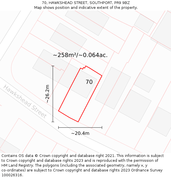70, HAWKSHEAD STREET, SOUTHPORT, PR9 9BZ: Plot and title map