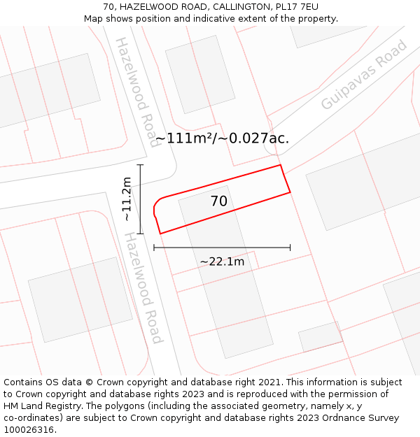 70, HAZELWOOD ROAD, CALLINGTON, PL17 7EU: Plot and title map