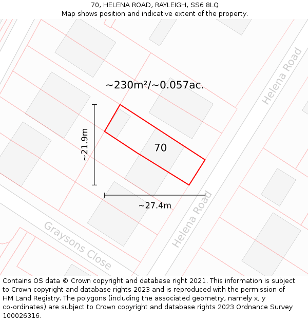 70, HELENA ROAD, RAYLEIGH, SS6 8LQ: Plot and title map