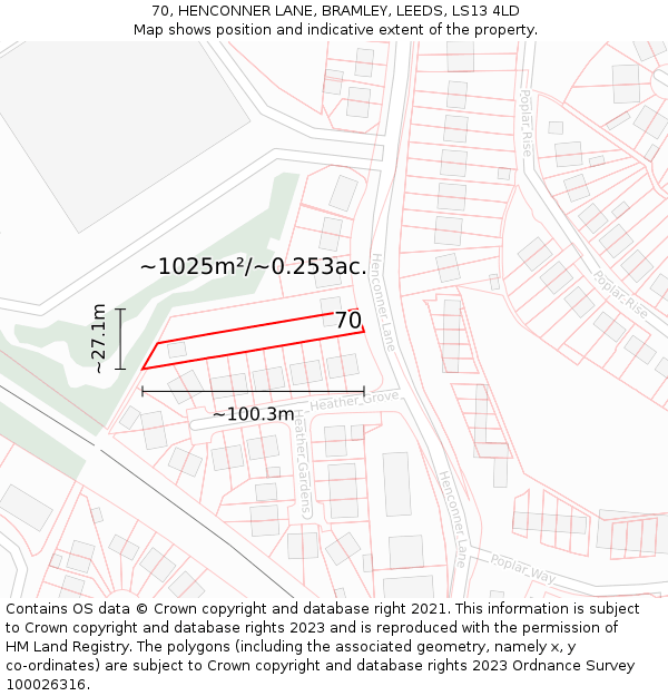 70, HENCONNER LANE, BRAMLEY, LEEDS, LS13 4LD: Plot and title map