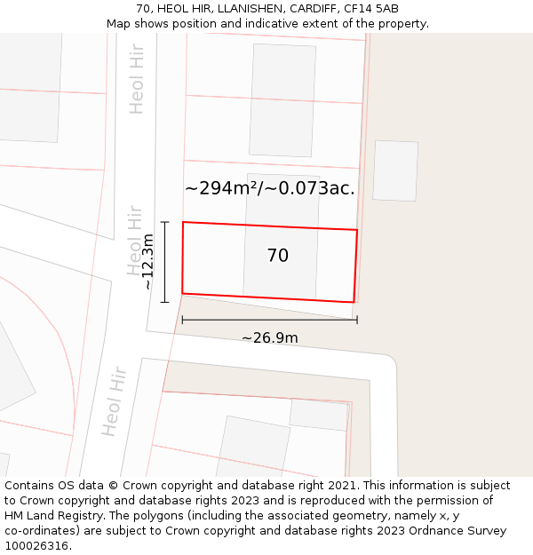 70, HEOL HIR, LLANISHEN, CARDIFF, CF14 5AB: Plot and title map