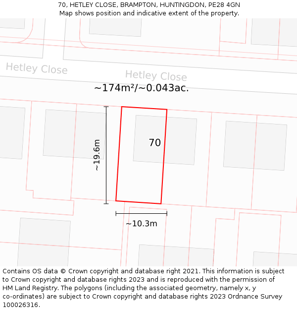 70, HETLEY CLOSE, BRAMPTON, HUNTINGDON, PE28 4GN: Plot and title map