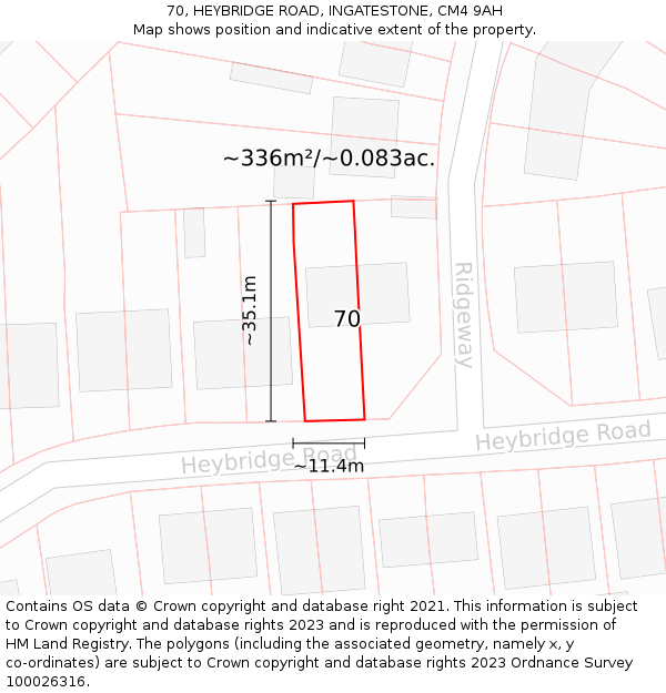 70, HEYBRIDGE ROAD, INGATESTONE, CM4 9AH: Plot and title map