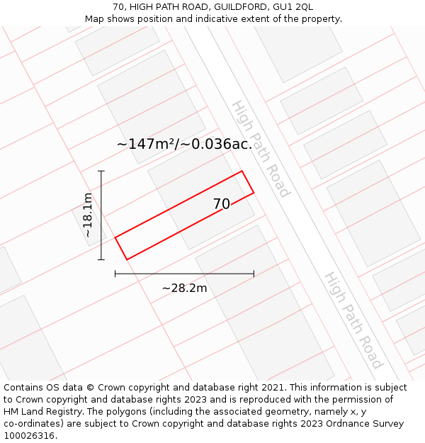 70, HIGH PATH ROAD, GUILDFORD, GU1 2QL: Plot and title map