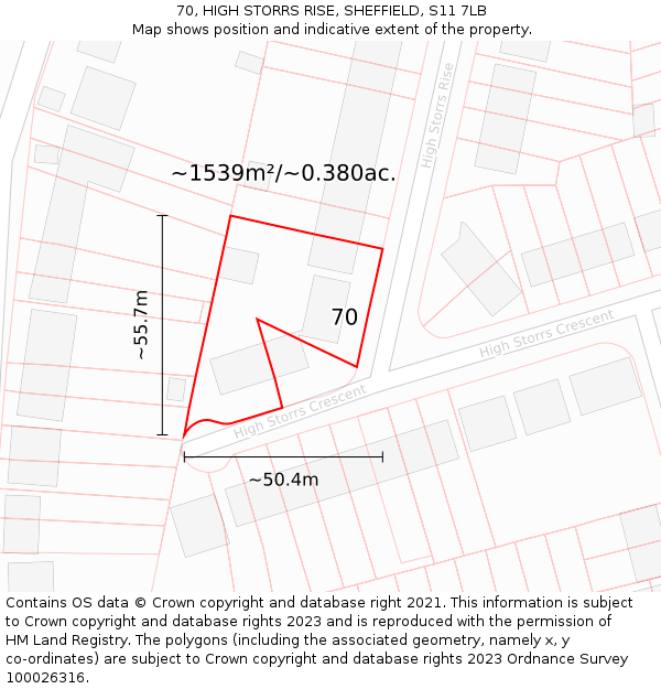 70, HIGH STORRS RISE, SHEFFIELD, S11 7LB: Plot and title map