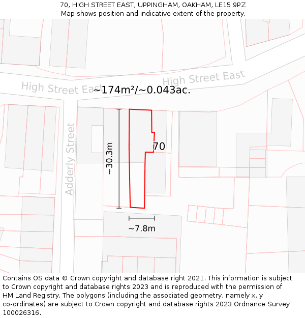 70, HIGH STREET EAST, UPPINGHAM, OAKHAM, LE15 9PZ: Plot and title map