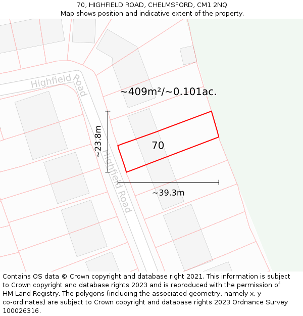 70, HIGHFIELD ROAD, CHELMSFORD, CM1 2NQ: Plot and title map