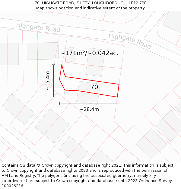 70, HIGHGATE ROAD, SILEBY, LOUGHBOROUGH, LE12 7PR: Plot and title map
