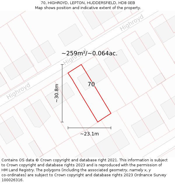 70, HIGHROYD, LEPTON, HUDDERSFIELD, HD8 0EB: Plot and title map