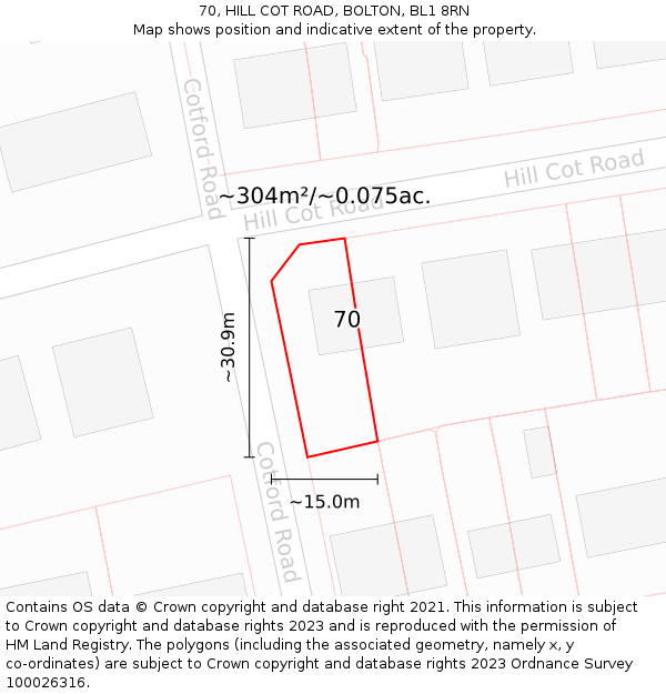 70, HILL COT ROAD, BOLTON, BL1 8RN: Plot and title map