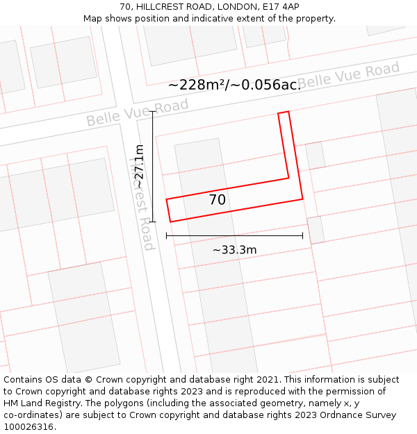 70, HILLCREST ROAD, LONDON, E17 4AP: Plot and title map