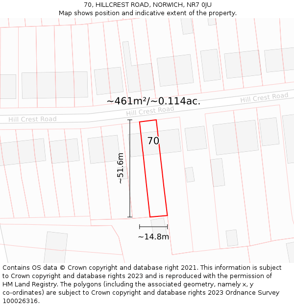 70, HILLCREST ROAD, NORWICH, NR7 0JU: Plot and title map