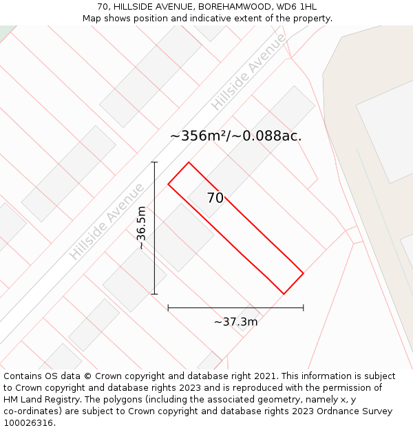70, HILLSIDE AVENUE, BOREHAMWOOD, WD6 1HL: Plot and title map