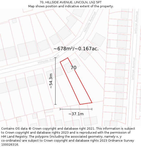 70, HILLSIDE AVENUE, LINCOLN, LN2 5PT: Plot and title map