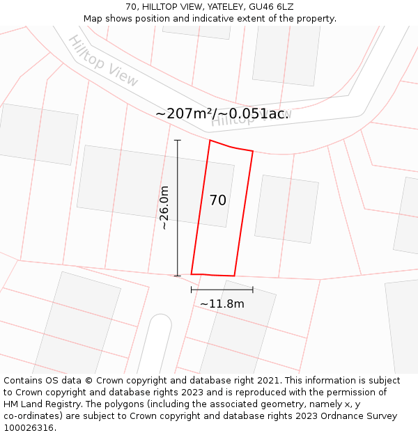 70, HILLTOP VIEW, YATELEY, GU46 6LZ: Plot and title map