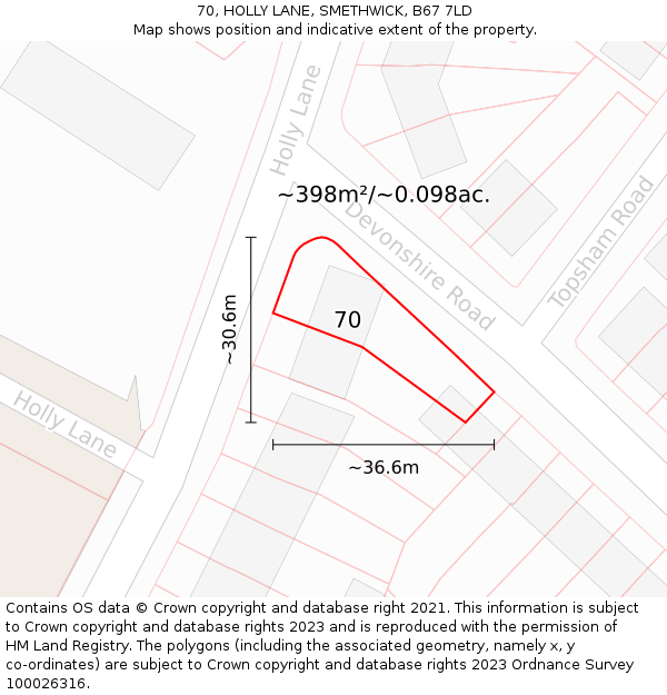 70, HOLLY LANE, SMETHWICK, B67 7LD: Plot and title map